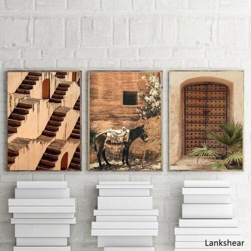 Morocco Door Donkey Poster Ancient Stepwell Wall Art Canvas Painting Animal Posters And Prints Wall Pictures For Living Room