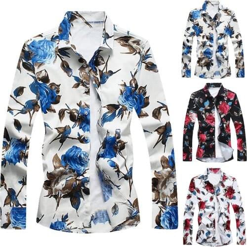 Plus Size Mens Flower Print Slim Shirt Turn Down Collar Long Sleeve Top Snap Button Shirts Mens Fashion Casual Streetwear