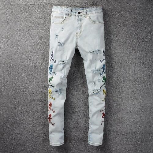American Fashion Embroidery Patches Designer Men Jeans Light Gray Blue Elastic Slim Ripped Jeans Streetwear Hip Hop Punk Pants