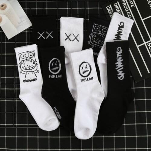 New Hip Hop Devil Graffiti Tube Socks Cotton Harajuku Black White Grimace Fashion Skateboard Japanese Long Men and Women Socks