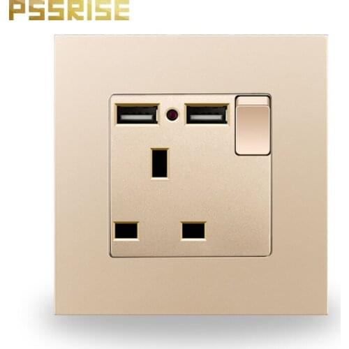 A08 Crystal Glass Panel 1 witch 2 USB UK Standard Switched Socket with Neon Wall Outlet Grounded With Children Protective Door