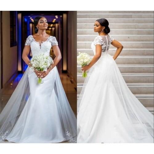 South African Mermaid Wedding Dress V neck Cap Short Sleeves Hollow Back Lace Applique Beads Court Train Country Vestido De Arab