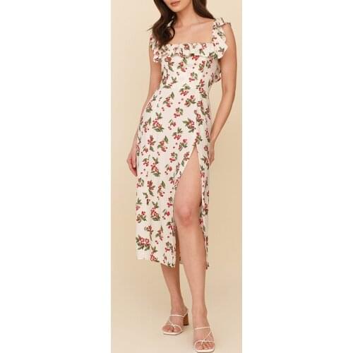 Sleeveless Cherry Print Beach Dress Summer Clothes For Women Dresses Square Neck Ruffle Elegant Vintage Midi Dress With Slit