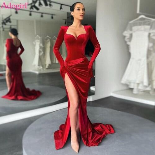 Adogirl Christmas Velvet Maxi Evening Party Dress Gloves Elegant Women Square Neck Long Sleeve Twist Slim High Split Long Robe