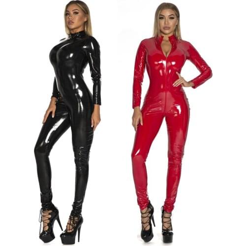 Sexy Jumpsuit For Women Vinyl Catsuit Women Faux Leather Black red Bodysuit Open Crotch PU Latex Leotard
