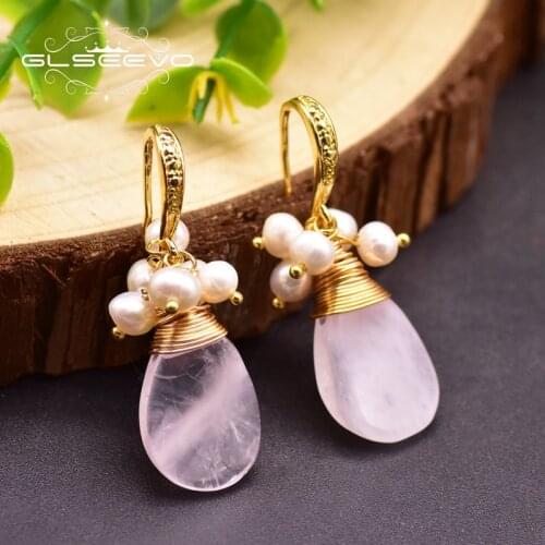GLSEEVO Handmade Natural Pink Crystal Fresh Water Pearl Earrings For Women Girl Cute Jewelry For Wedding Drop Hook Arete GE0929A