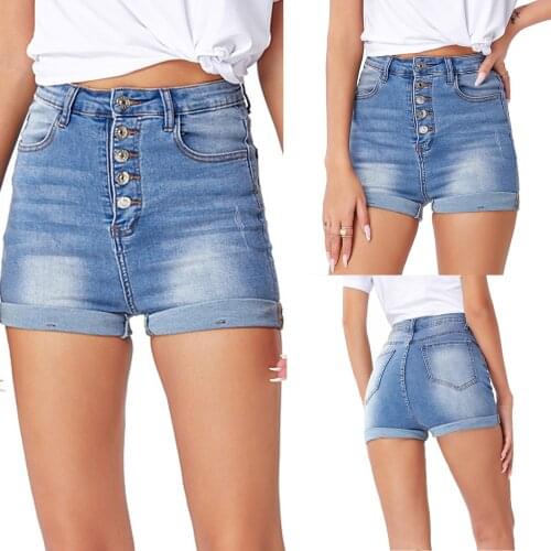 Solid Color Casual Wild Multi Buttons Shorts High Waist Washed Vintage Stylish Rolled Cuff Slim Fit Shorts for Female Summer