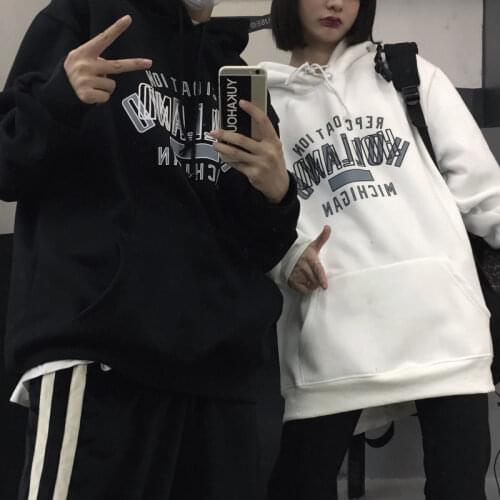 New Hooded Sweatshirt Korean Fashion Harajuku Style Letter Printing Loose Plus Fleece Drawstring Hip-hop Y2k Tops Gothic Kawaii