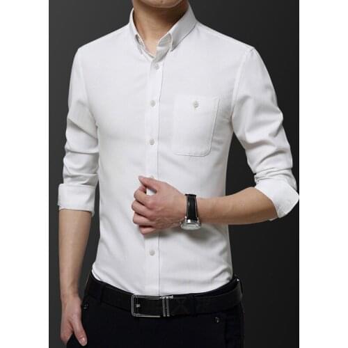 High Quality Mens Slim Shirt Cotton Shirt Mens Business Casual Pure Shirt Mens Regular-Fit Coarse-Twill Solid Basic Dress S