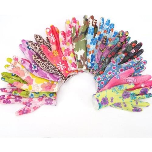 12pairs Women Non-slip Housework Cleaning Gloves Breathable Gardening Gloves Flower Print Nylon PU Gloves Gardening Gloves
