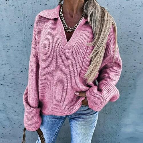 Autumn Winter New Women Elegant Knitted Sweaters Fashion Turn-Down Collar Solid Pullover Casual Long Sleeve Loose Lady Sweaters