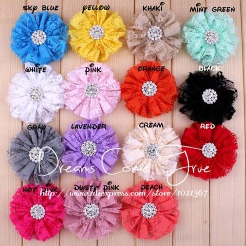 200pcs/lot 7CM 15 Colors Factory Price Handmade Tulle Frayed Fluffy Fabric Hair Flower Accessory+Bling Alloy Rhinestone Button