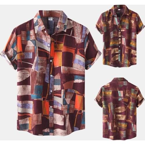 2021 Shirts For Mens Casual Vintage Geometry Print Short Sleeve Button Turn-Down Collar Shirt Fashion Plus Size Beach Shirt Tops