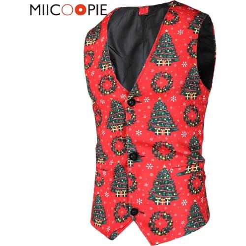 Brand Christmas Tree Print Mens Vest Casual Sleeveless Slim Fit Red Party Waistcoat Personality Single-breasted Chaleco Hombre