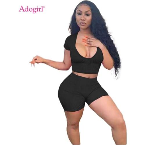 Adogirl Drop Ship Wholesale Women Solid Tracksuit Ribbed Two Piece Set V Neck Short Sleeve Crop Top Biker Shorts Summer Suit