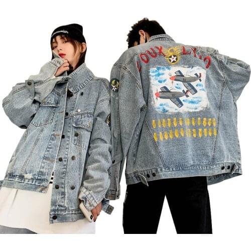 Cartoon Hand Painted Denim Jacket Men And Women Couple Personality Print Fighter Bullet Pattern Autumn Casual Loose Outerwear
