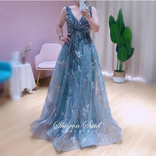 Elegant V-Neck Women Evening Dress Long 2021 Luxury Crystal Gray Embroidery Arabic Formal Dresses for Wedding Guest Party Gowns