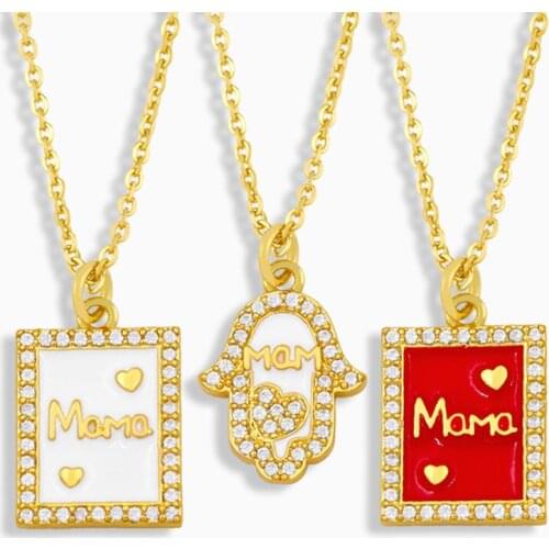 FLOLA CZ Pave Zirconia Square MaMa Necklace For Women Heart Fatima Hand Mom Pendant Necklace Gold Plated Jewelry Gifts nkev14