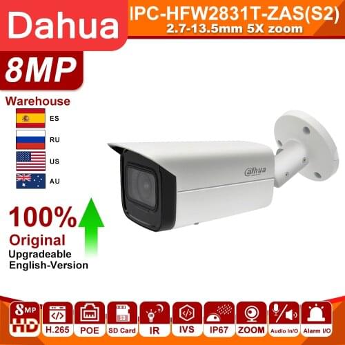 Dahua IP Camera 8MP 4K Original IPC-HFW2831T-ZAS-S2 5X Zoom camera Starlight POE SD Card Slot Audio Alarm H.265+ 60M IR IVS IPC