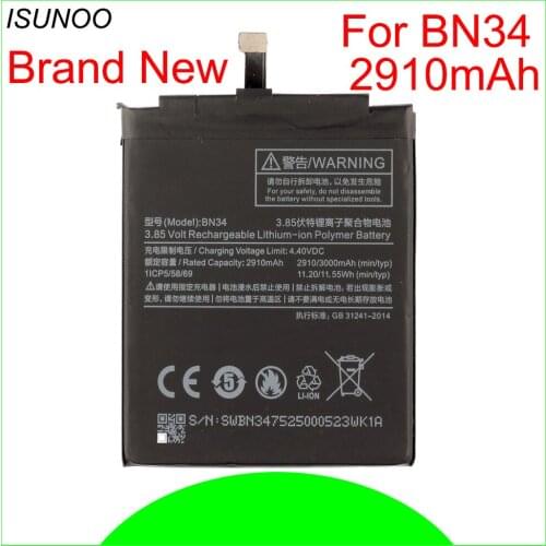 ISUNOO 10pcs/lot 2910mAh BN34 Battery For Xiaomi Redmi 5A 5.0" Battery Replacement Lithium Polymer Batteries