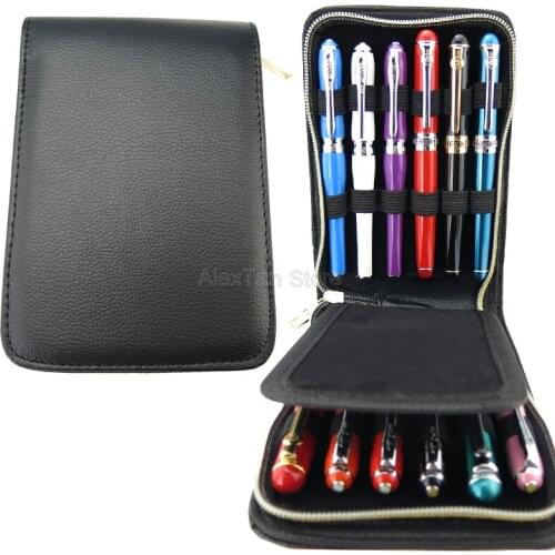 Stationery Tool Fountain Pen & Rollerball Pen Bag Pencil Case Available For 12 Pens Black Leather Pen Holder & Pouch