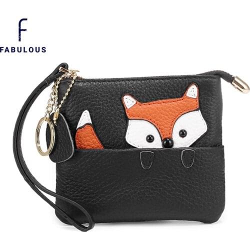 Pebble Leather Cute Cartoon Small Fox Mini Coin Purse Wallet for Women and girls Zipper Credit Card Holder