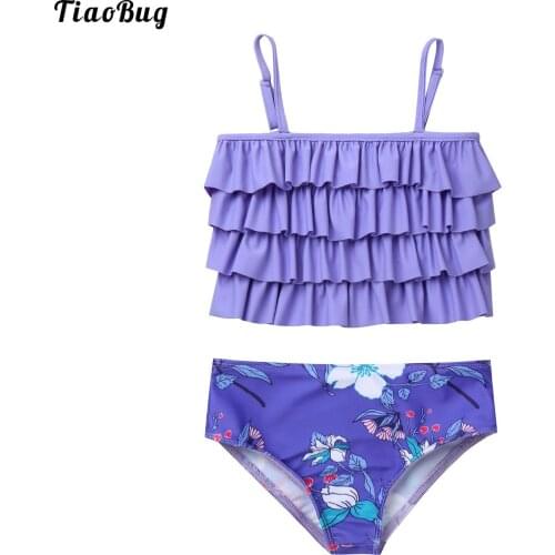 Cute Summer 2Pcs Kids Girls Floral Print Swimwear Bikini Adjustable Spaghetti Straps Layered Ruffle Hem Adorned Top And Bottoms