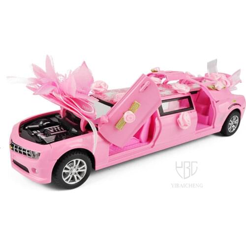 1/32 Alloy Car Model Lengthened Pink Car Models Pull Back Metal Wedding Car Model With Sound Light 6 Doors Opened Toy For Girl