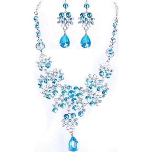 Luxurious Crystal Bridal Jewelry Sets Blue Red Crystal Necklace Earrings Sets Wedding Jewelry African Jewelry Sets