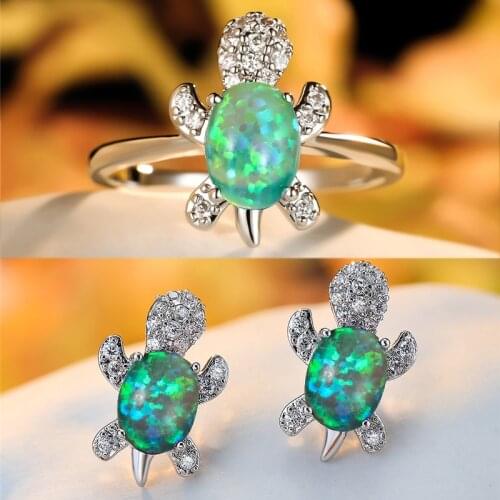 Green Opal Oval Stone Ring Earrings Female Cute Small Sea Turtle Bridal Engagement Sets For Women Charm Silver Color Jewelry Set