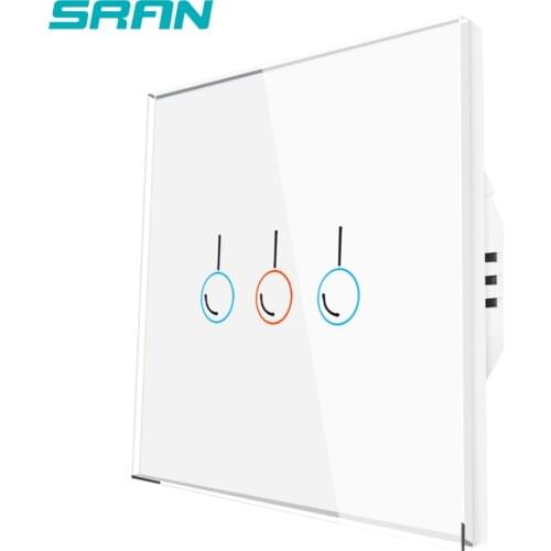 SRAN eu wall sensor switch,170-220V white/black crystal glass panel with led indicator 86mm*86mm 3gang 1way touch switch