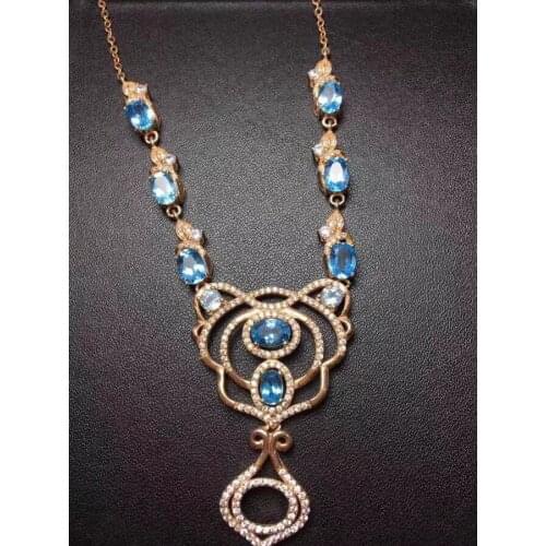 Natural blue topaz gem Necklace Natural gemstone Pendant Necklace S925 sliver Luxurious grace crown woman party gift Jewelry