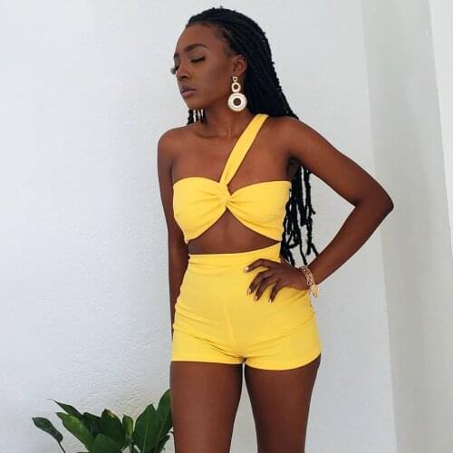 2021 New Style Women Casual Two Piece Set Ladies Fashion Solid Color One-shoulder Irregular Vest and Tight Shorts Matching Sets