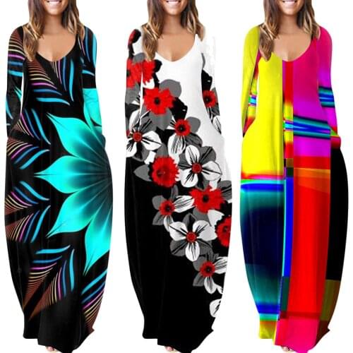 New Womens Dresses Autumn Flower Print Long-sleeved Casual O-Neck Long Dress With Pocket Plus Size Daily Long Dress Vestidos