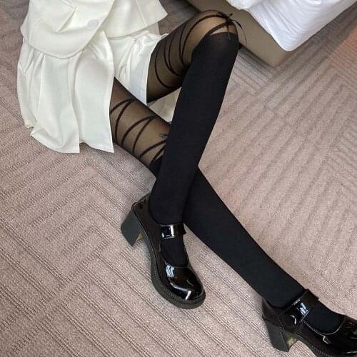 Sexy Thin See-through Stockings Slim Elastic Bow Bandage Stockings Leg Beauty Lolita Patchwork Pantyhose Cute Over Knee Socks