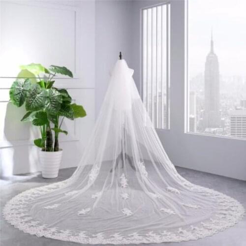 White Ivory Two layers Lace Applique Cathedral Wedding Veil With Comb Bridal Tulle Veils