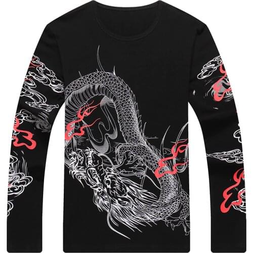 Popular Chinese style dragon pattern printing long sleeve t shirt Autumn 2018 New high-quality cotton boutique t shirt men M-4XL