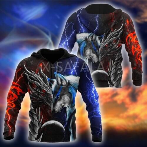 Dragon And Wolf Animal 3D All Print Size XS-7XL Hoodie Man Women Harajuku Outwear Zipper Pullover Sweatshirt Casual Unisex