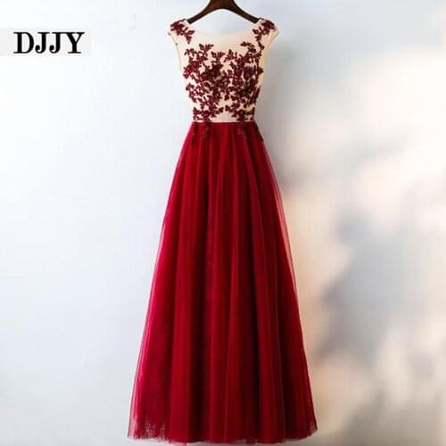 Evening dresses long 2020 O Neck Crystal Appliques A Line Long Elegant Party Lace up red dress for wedding party