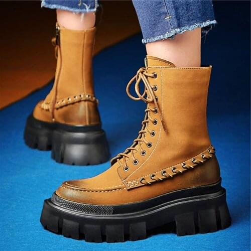 Military Creepers Women Cow Leather Round Toe Ankle Boots Buckle Platform Motorcycle Chain Chunky Shoe 34 35 36 37 38 39