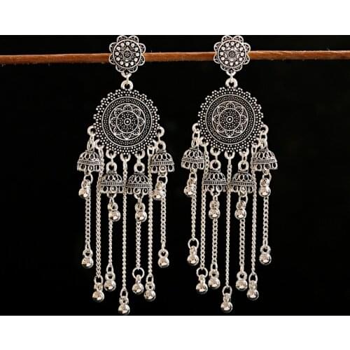 Womens Ethnic Long Tassel Earrings Retro Round Indian Jhumka Earrings Classic Vintage Bell Wedding Jewelry Bijoux