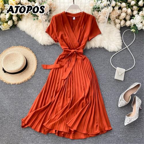 Women Summer French Party Dress 2021 Sweet V-Neck High Waist Pleated Elegant Woman Dresses Female Clothing New Year 2021 Atopos