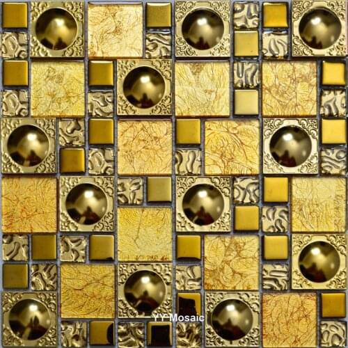 European Style 3D Cap Golden Metal Glass Mosaic Tiles for Kitchen Backspalsh living room hall wall tile Home improvment