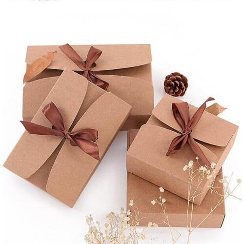 20pcs/lot Natural Kraft Paper Box Gift Packing Box Brown Ribbon Cookie Boxes Packaging for Sweets Candy Puffs Box Present Carton