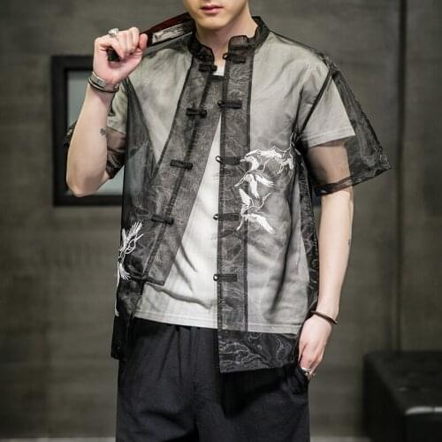 2021 Chinese Style Men Shirt Button Stand Collar Short Sleeve Casual Loose Tops See Through Vintage Tang Suit Shirts Men 30024