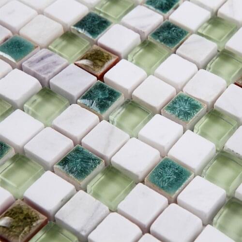 3D green Ceramic Crystal Glass mixed snow white Marble mosaic wall floor tile Kitchen backsplash Shower bathroom home decor