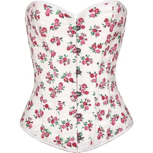 White Denim Pink Floral Printed Pattern Slimming Overbust Corset Burlesque Korsett For Women Sexy Gothic Lingerie Bustier Femme