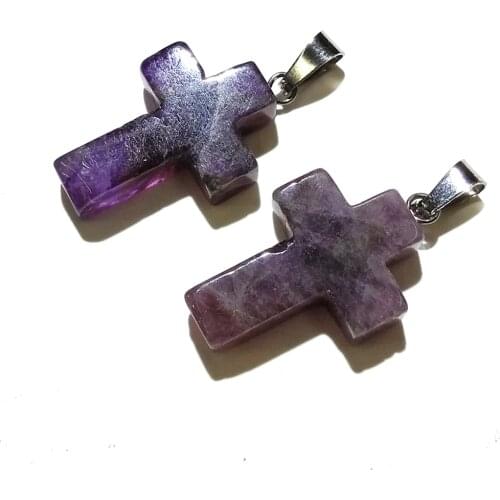 1PC Cross-shaped Purple Quartzs Pendant Necklace Reiki Healing Natural Stone Amulet DIY Jewelry Personality Gift Size 18x25mm