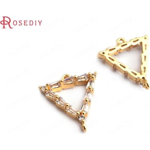 F161)4 pieces 13x12mm 24K Gold Color Brass + White Zircon 2 Holes Triangle Connect Charms Pendants Accessories Jewelry Findings