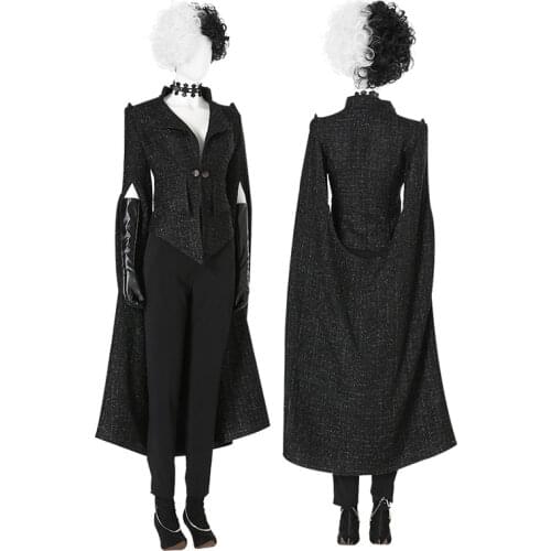 Anime Cruella De Vil Cosplay Costume Windbreaker Outfits Cruella Long Sleeves Black Overcoat Uniform Women Adult Halloween Party
